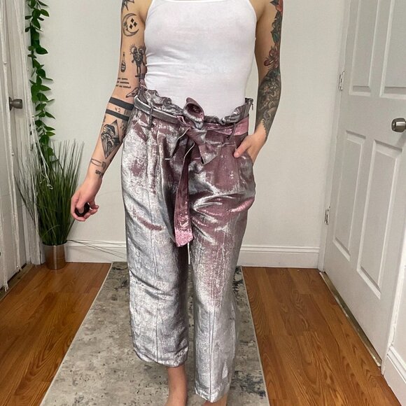 Badgley Mischka Metallic Cropped Trousers Pants Tie-Waist Size 2 Gray - Picture 2 of 8